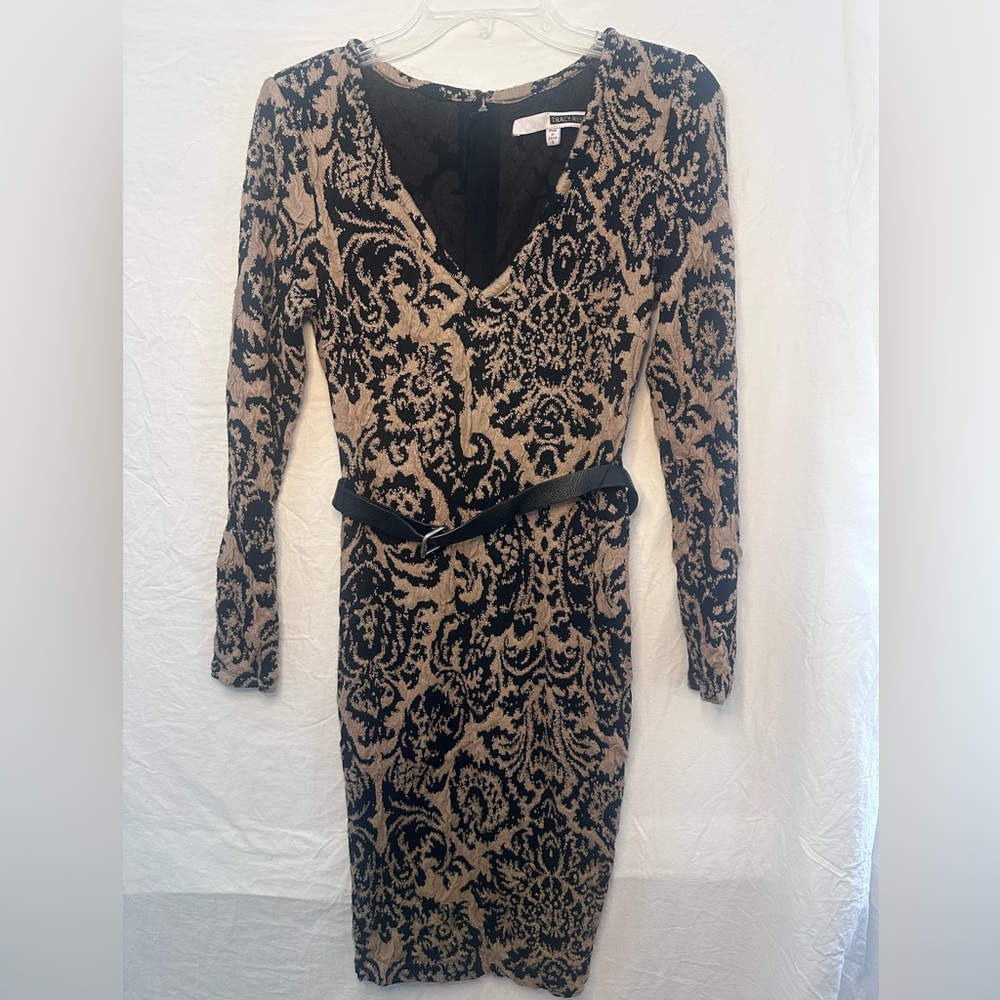 Tracy Reese Black & Gold Brocade Bodycon Dress Size Small Long Sleeve Zip Back